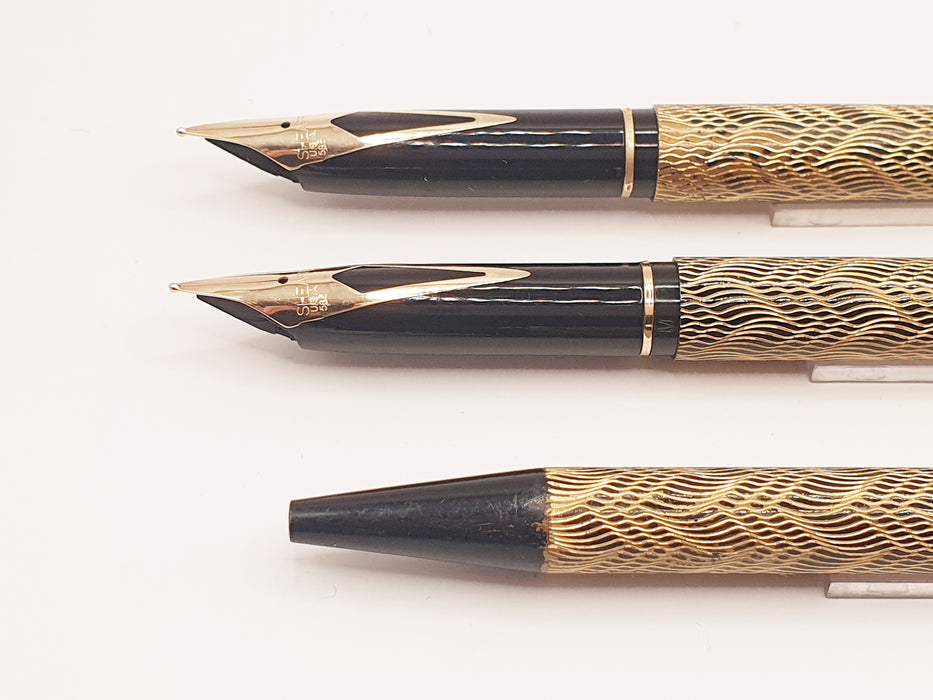 Two Vintage Sheaffer Targa Slim 676S Black and Gold Feather Pattern with Gold Trim Fountain Pens (14ct M Nib) & Ballpoint Pen