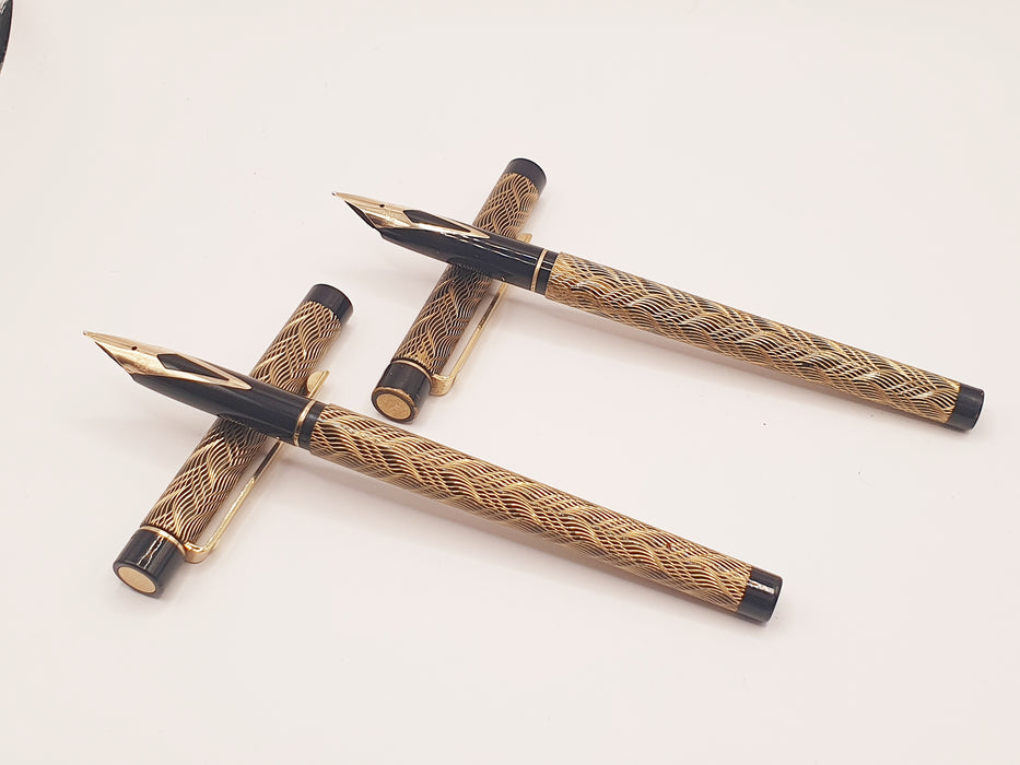 Two Vintage Sheaffer Targa Slim 676S Black and Gold Feather Pattern with Gold Trim Fountain Pens (14ct M Nib) & Ballpoint Pen