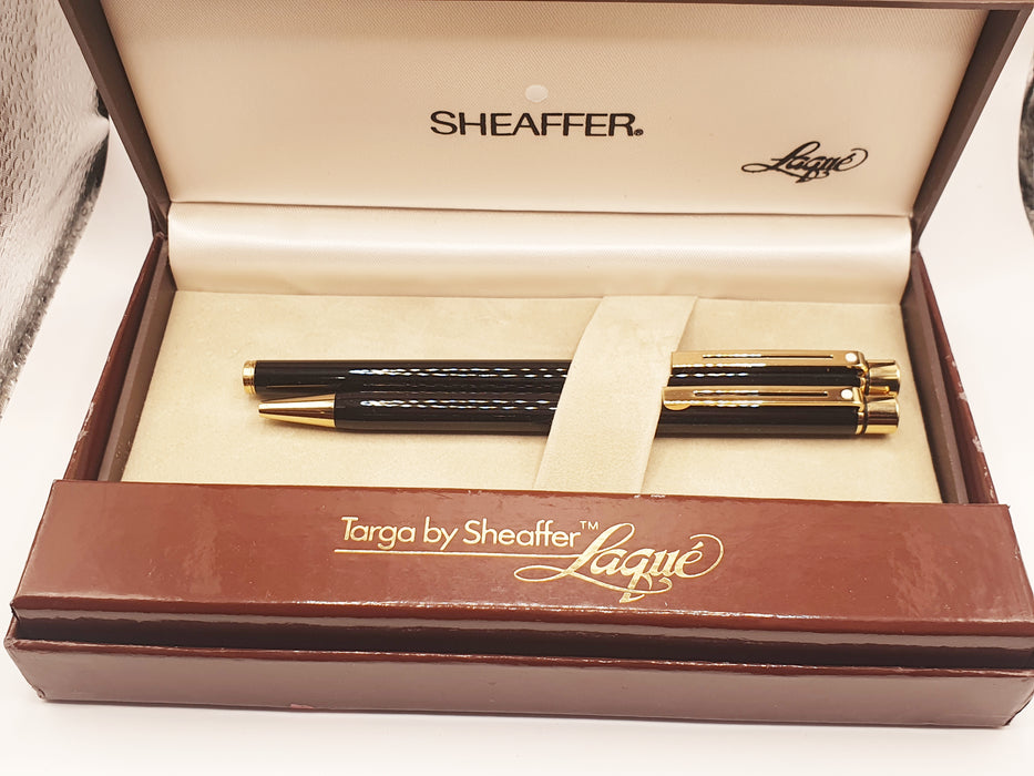 Vintage Sheaffer Targa Slim 1022S Laque Black (Noir) with Gold Trim Fountain Pen (14k M Nib) & Ballpoint Pen