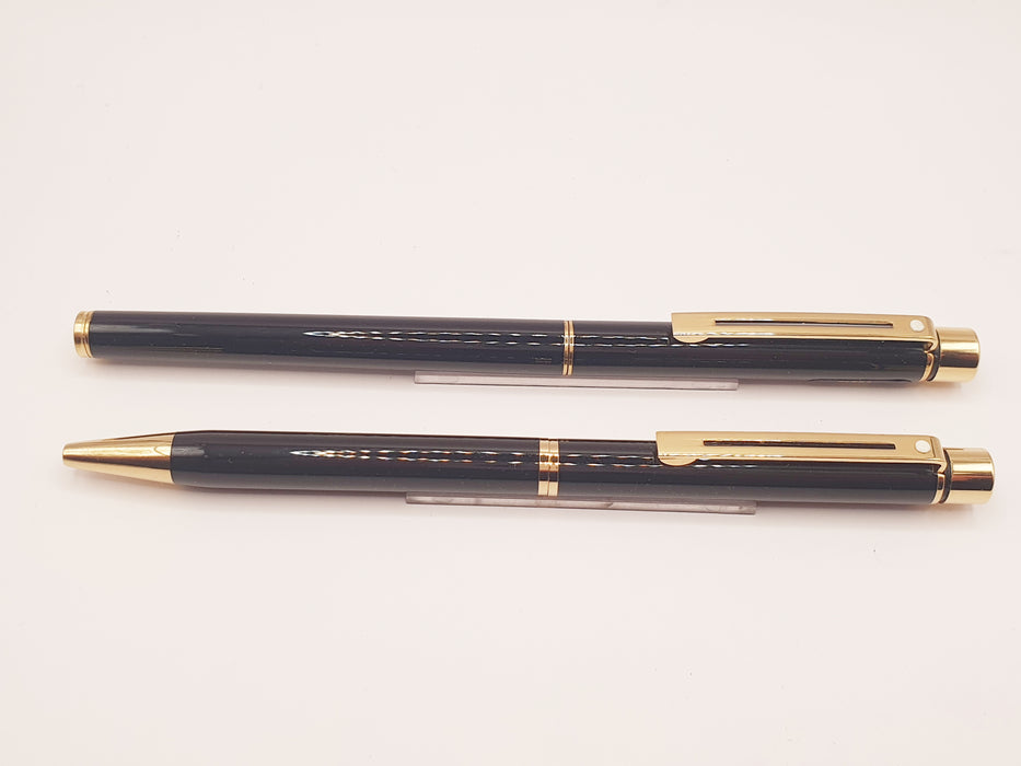 Vintage Sheaffer Targa Slim 1022S Laque Black (Noir) with Gold Trim Fountain Pen (14k M Nib) & Ballpoint Pen