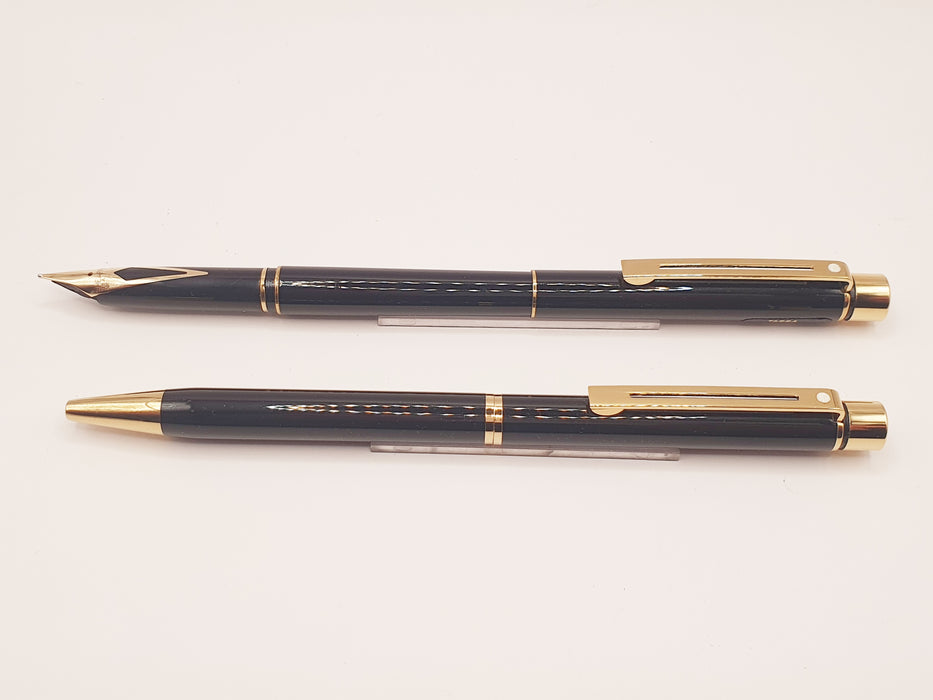 Vintage Sheaffer Targa Slim 1022S Laque Black (Noir) with Gold Trim Fountain Pen (14k M Nib) & Ballpoint Pen