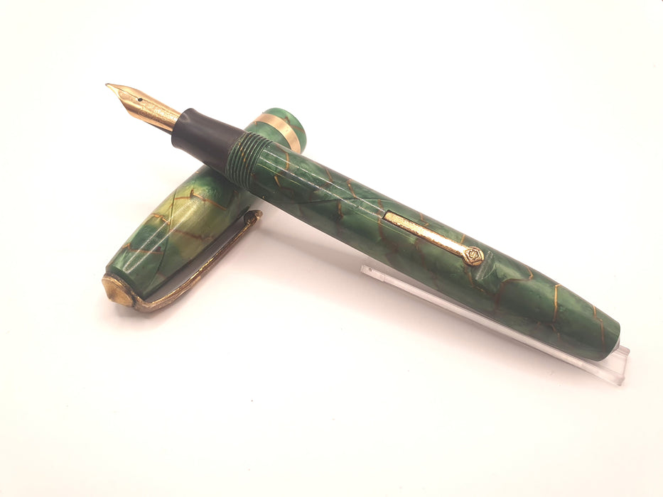 Vintage Conway Stewart 84 Green Marble with Gold Trim Fountain Pen (14k M Flex Nib)