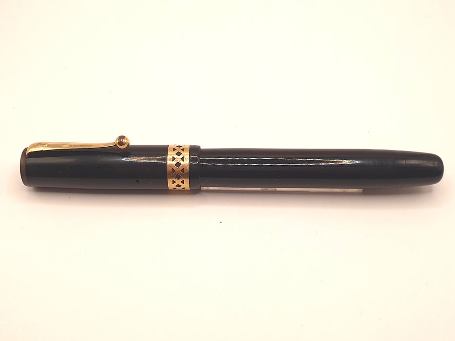 Vintage Mabie Todd Swan Visofil (?) Button Filler Black with Gold Trim Fountain Pen (14ct #2 M Nib)