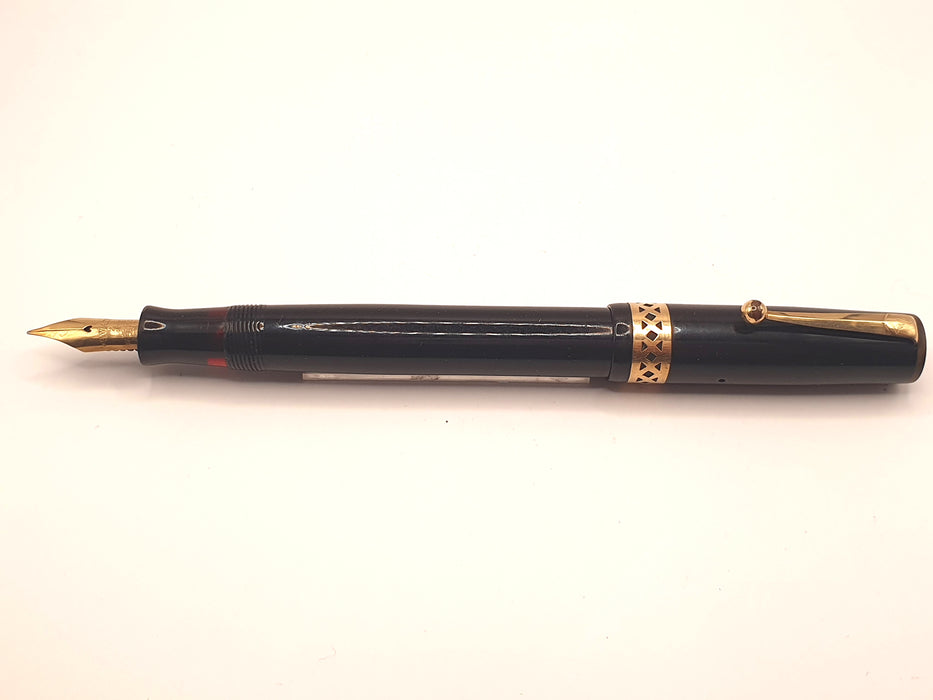Vintage Mabie Todd Swan Visofil (?) Button Filler Black with Gold Trim Fountain Pen (14ct #2 M Nib)