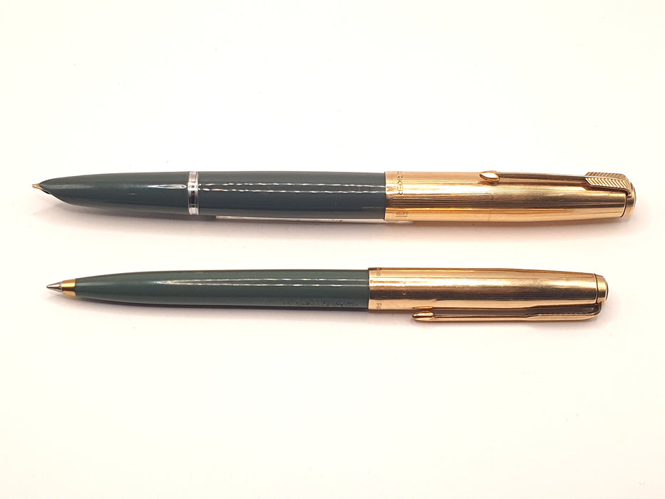 Vintage Parker 51 Mk II Aerometric Grey with Striated 1/10 12ct Rolled Gold Cap Fountain Pen (14k M Nib) and Ballpoint Pen Set & Ballpoint Set