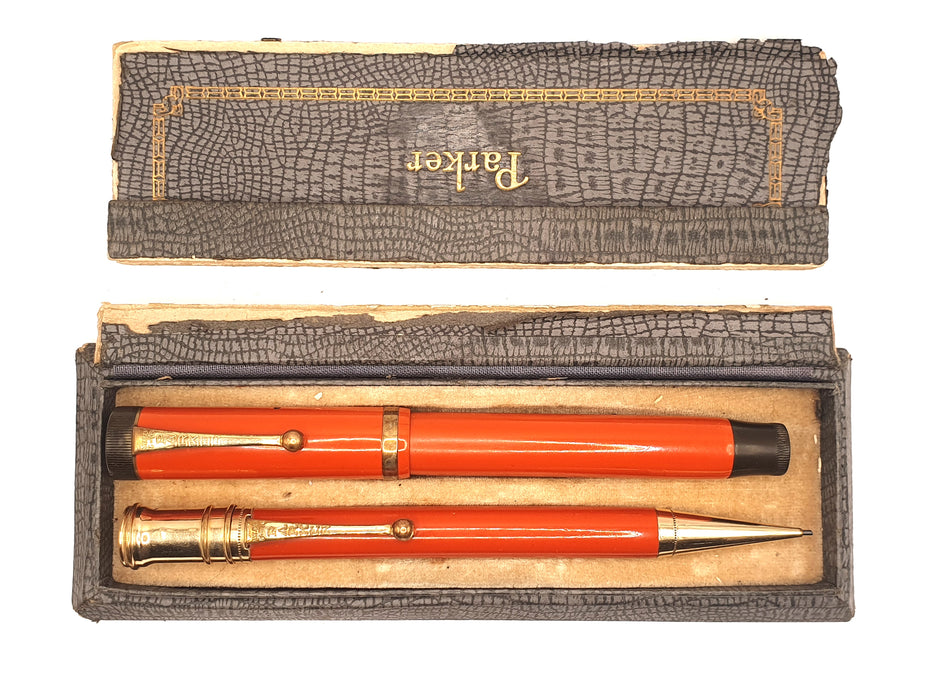 Vintage Parker Duofold Big Red Fountain Pen (14ct M Nib) & Mechanical Pencil Set