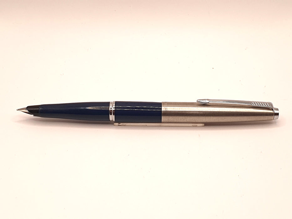 Vintage Parker 45 Midnight Blue with Brushed Steel Cap and Chrome Trim Fountain Pen (Steel M Nib)