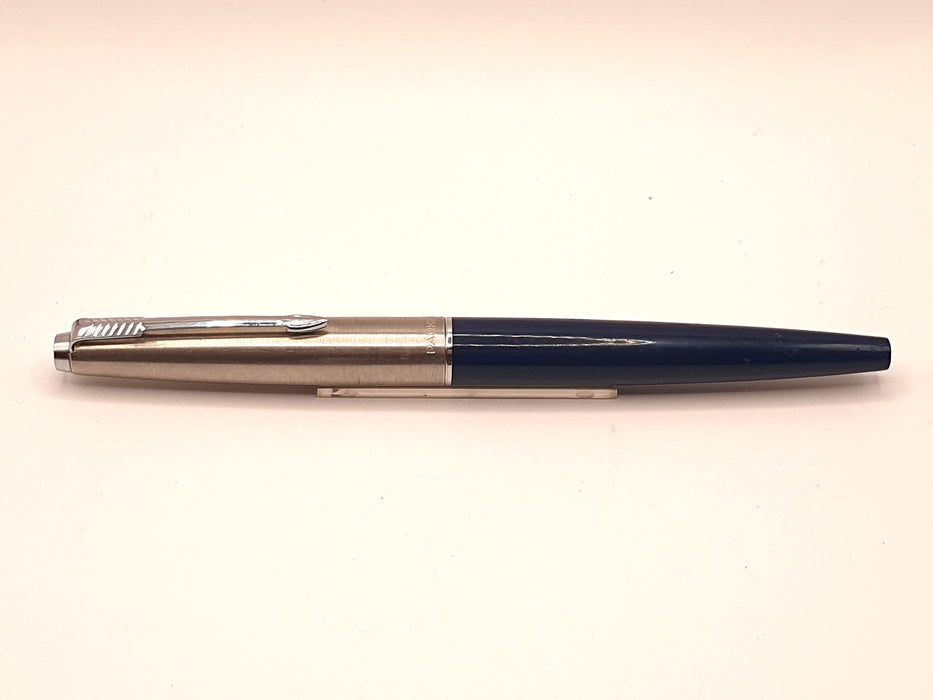 Vintage Parker 45 Midnight Blue with Brushed Steel Cap and Chrome Trim Fountain Pen (Steel M Nib)