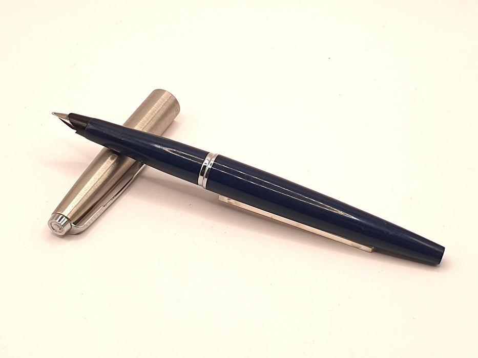 Vintage Parker 45 Midnight Blue with Brushed Steel Cap and Chrome Trim Fountain Pen (Steel M Nib)