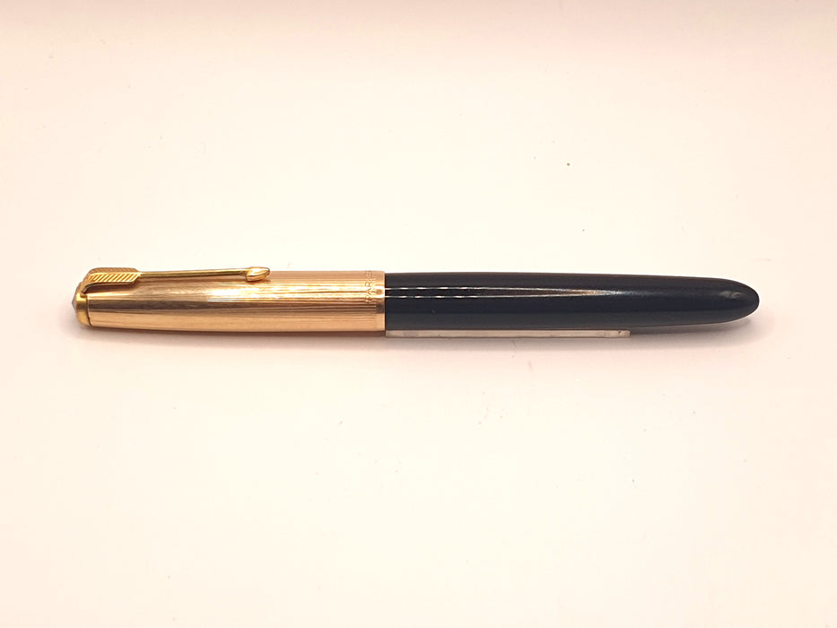 Vintage Parker 51 Mk II Black with 1/10 12ct Rolled Gold Cap Fountain Pen (14ct F Nib)