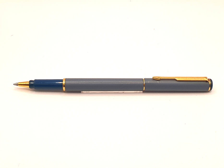 Vintage Parker Rialto Matte Grey with Blue and Gold Trim Ballpoint Pen