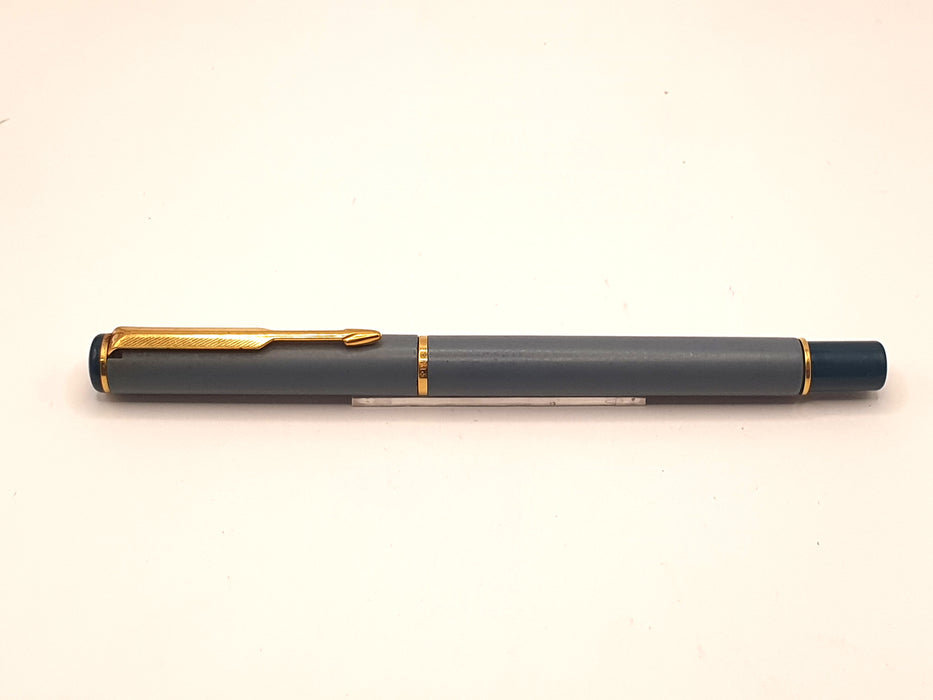 Vintage Parker Rialto Matte Grey with Blue and Gold Trim Ballpoint Pen