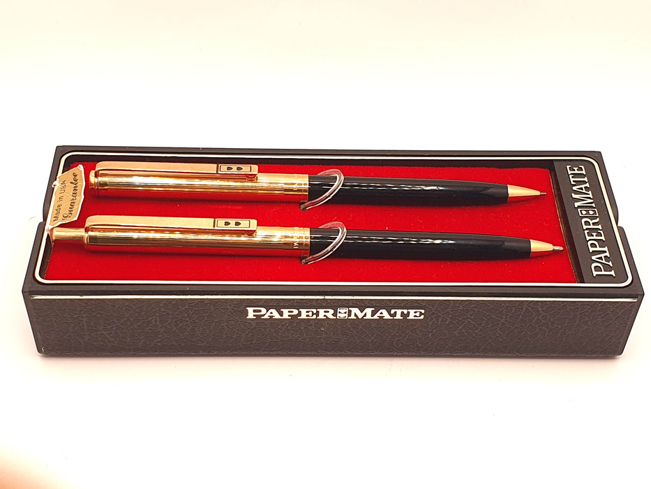 Vintage Papermate Black with Striated Gold Cap Ballpoint Pen & Mechanical Pencil (0.9mm) Set