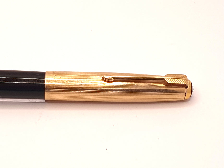 Vintage Parker 51 Mk II-B Black with Striated 1/10 12ct Rolled Gold Cap and Gold Trim Fountain Pen (14ct F Nib)