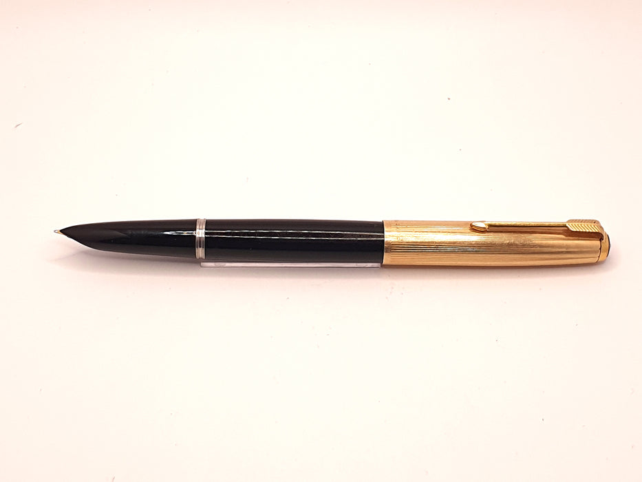 Vintage Parker 51 Mk II-B Black with Striated 1/10 12ct Rolled Gold Cap and Gold Trim Fountain Pen (14ct F Nib)