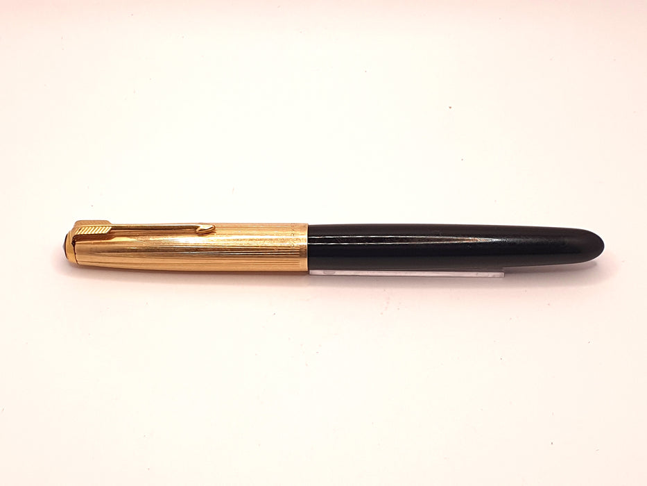 Vintage Parker 51 Mk II-B Black with Striated 1/10 12ct Rolled Gold Cap and Gold Trim Fountain Pen (14ct F Nib)