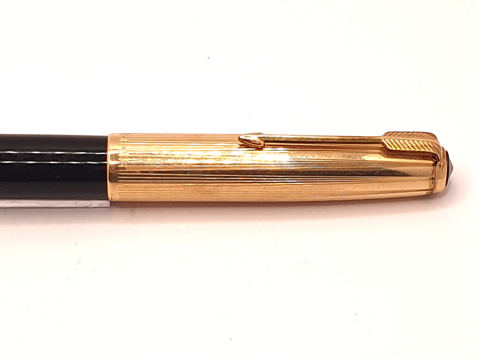 Vintage Parker 51 Mk II-B Black with Striated 1/10 12ct Rolled Gold Cap and Gold Trim Fountain Pen (14ct M Nib)