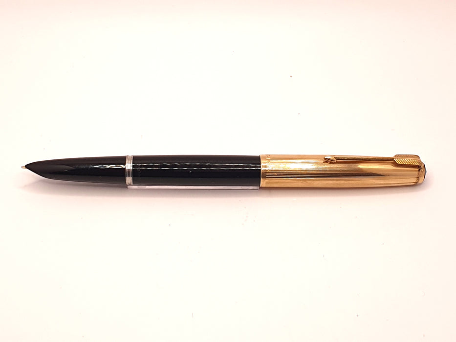 Vintage Parker 51 Mk II-B Black with Striated 1/10 12ct Rolled Gold Cap and Gold Trim Fountain Pen (14ct M Nib)