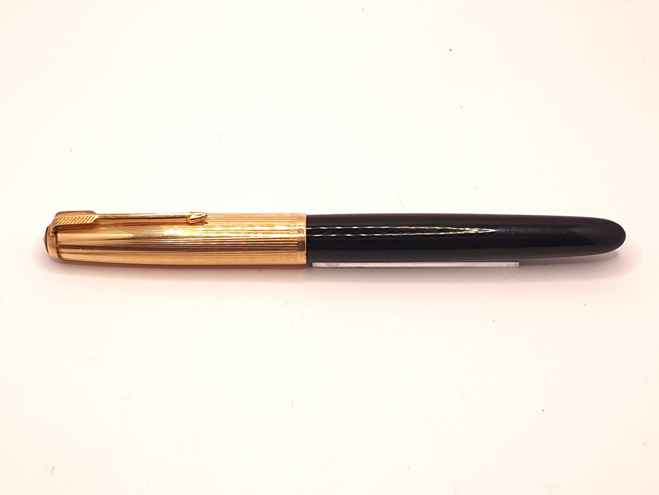 Vintage Parker 51 Mk II-B Black with Striated 1/10 12ct Rolled Gold Cap and Gold Trim Fountain Pen (14ct M Nib)