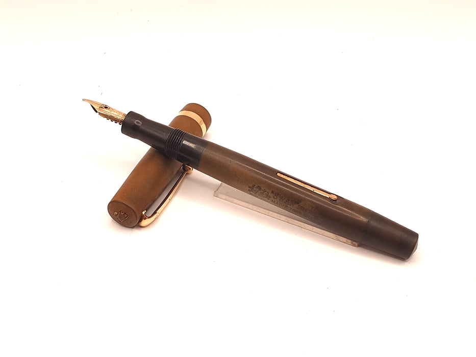 Vintage Mabie Todd Swan Self-Filler Brown Hard Rubber with Gold Trim Fountain Pen (14ct F Nib)