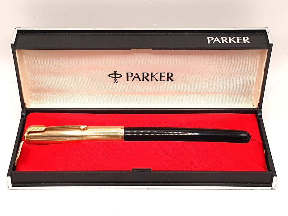 Vintage Parker 51 Mk II Black with Striated Gold Cap and Trim Fountain Pen (14ct M Nib)