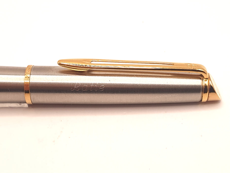 Vintage Waterman Old Model Hemisphere Brushed Steel Engraved 'Katie' with Gold Trim Fountain Pen (M Nib)