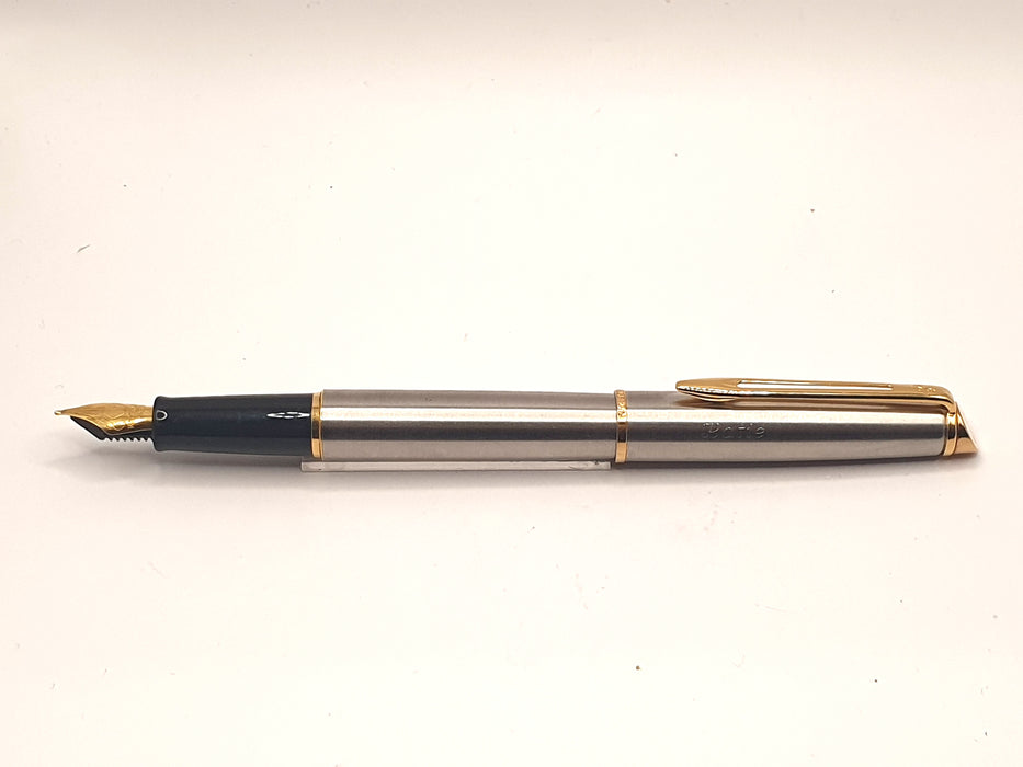 Vintage Waterman Old Model Hemisphere Brushed Steel Engraved 'Katie' with Gold Trim Fountain Pen (M Nib)