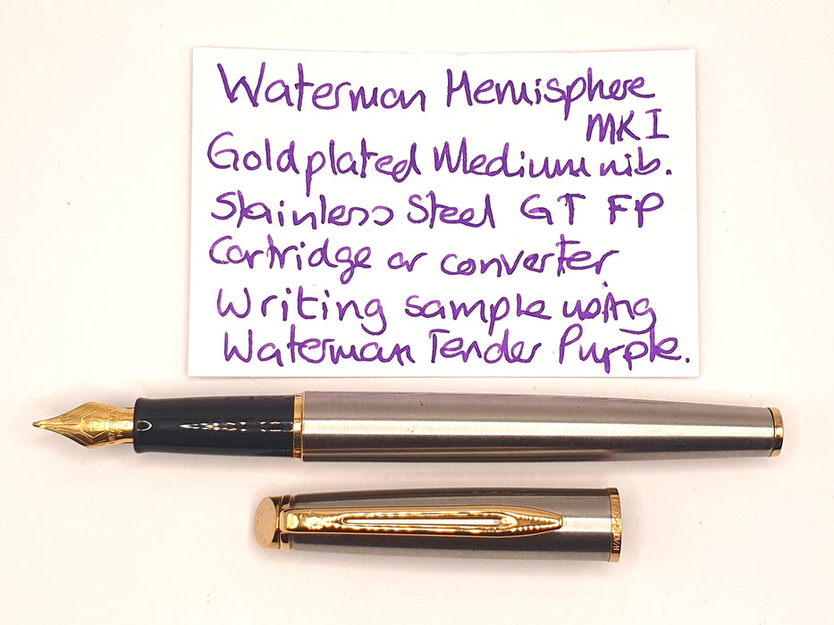Vintage Waterman Old Model Hemisphere Brushed Steel Engraved 'Katie' with Gold Trim Fountain Pen (M Nib)