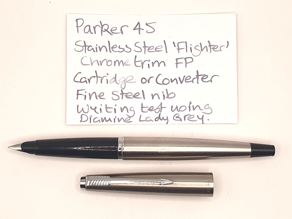 Vintage Parker 45 Flighter Stainless Steel with Chrome Trim Fountain Pen (F Nib)