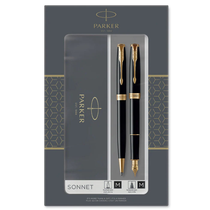 Parker Sonnet Black with Gold Trim Fountain Pen and Ballpoint Set