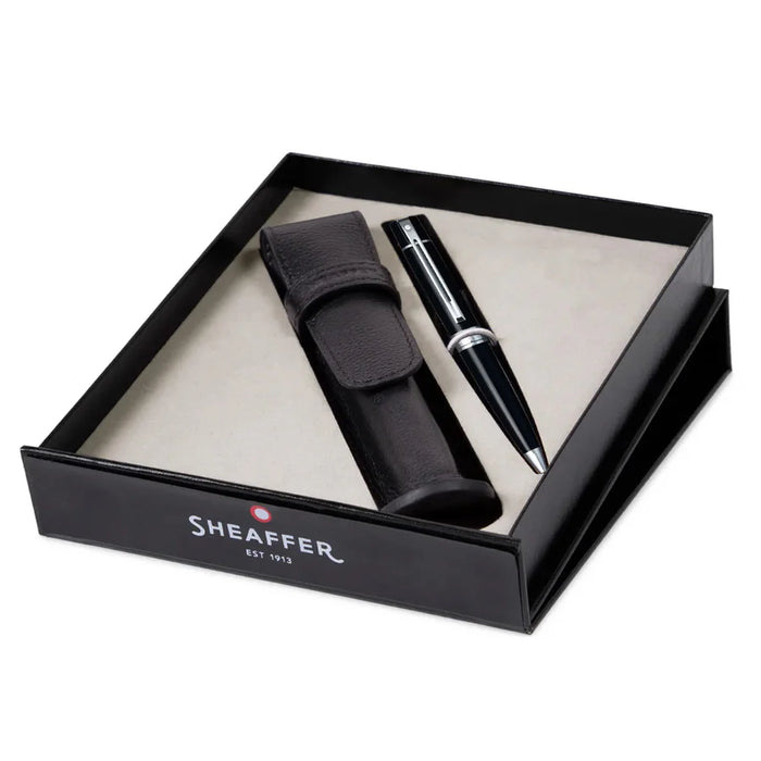 Sheaffer 300 Black with Chrome Trim Ballpoint Pen with Single Leather Pouch