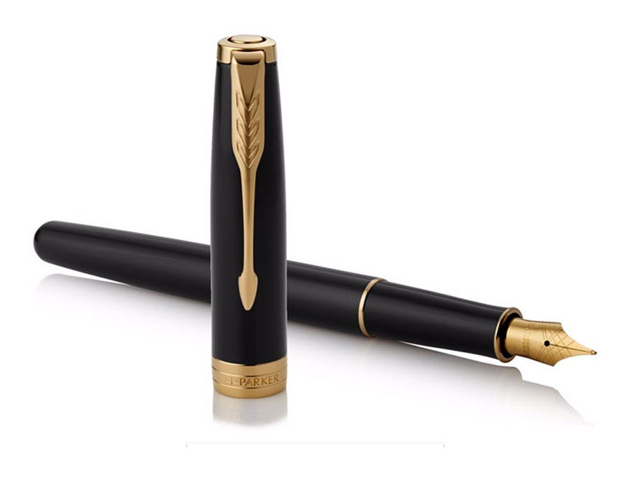 Parker Sonnet Fountain Pen and Ballpoint Set Black Lacquer Gold Trim