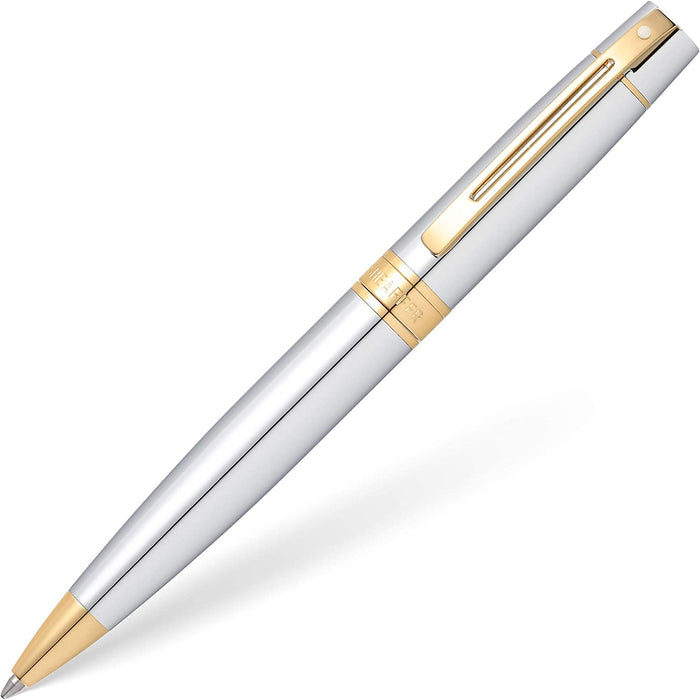 Sheaffer 300 Bright Chrome Ballpoint Pen with Gold Trim